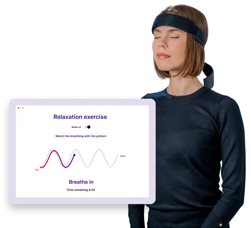 Woman wearing a headband doing a relaxing breathing exercise to reduce burnout. 
